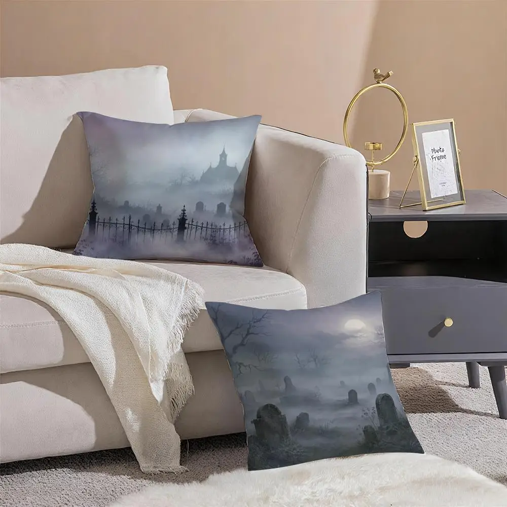 Halloween Graveyard Mist Cushion Cover Pillowcase Short Plush Invisible zipper Room Sofa Cushion Cover