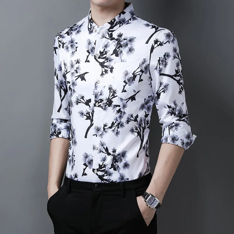 Chinesische Art Tinte Blumen druck Hemd Männer lässig Langarm Frühling hochwertige glatte bequeme Gentleman Camisa Masculina