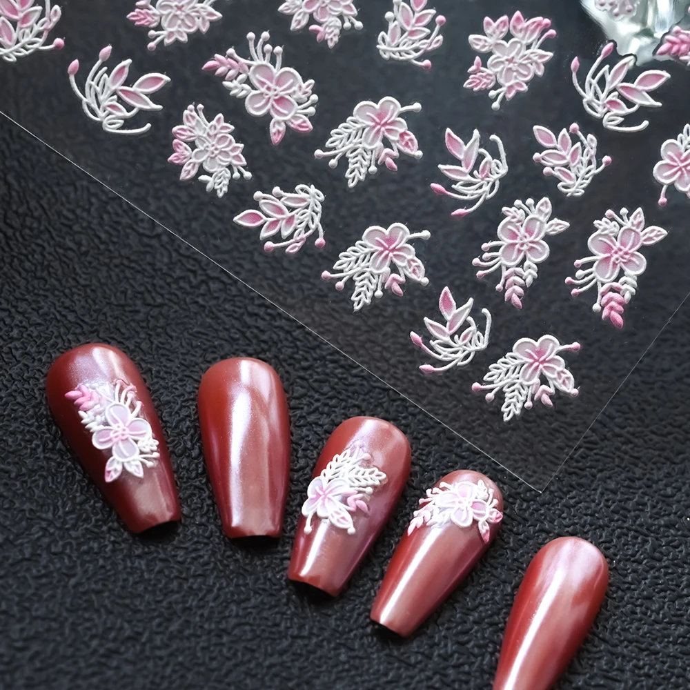 5D acrílico flores adesivos para unhas arte, gradiente rosa e branco, laço floral, prego deslizante suprimentos, gracioso, manicure decoração folhas