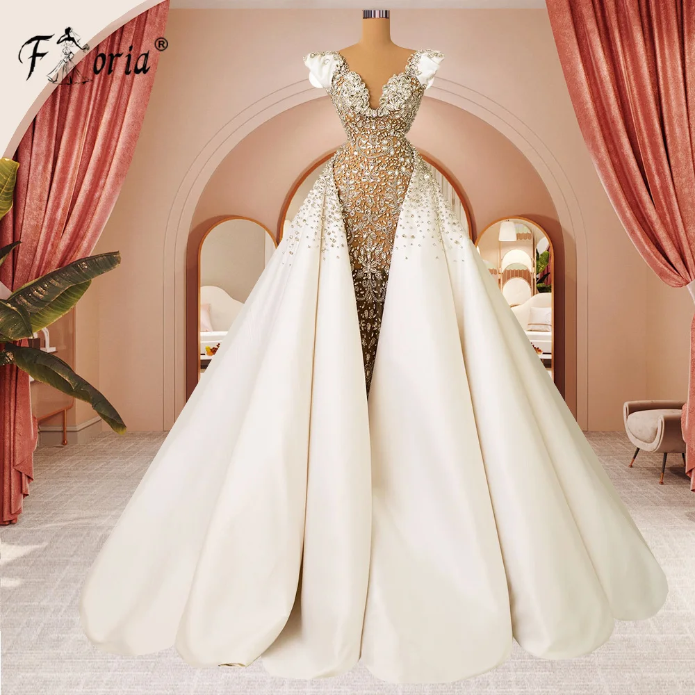 

Gorgeous Detachable Wedding Dresses 2023 Beaded Crystal White Middle East Woman Dubai Bride Dress Luxury Wedding Party vestido