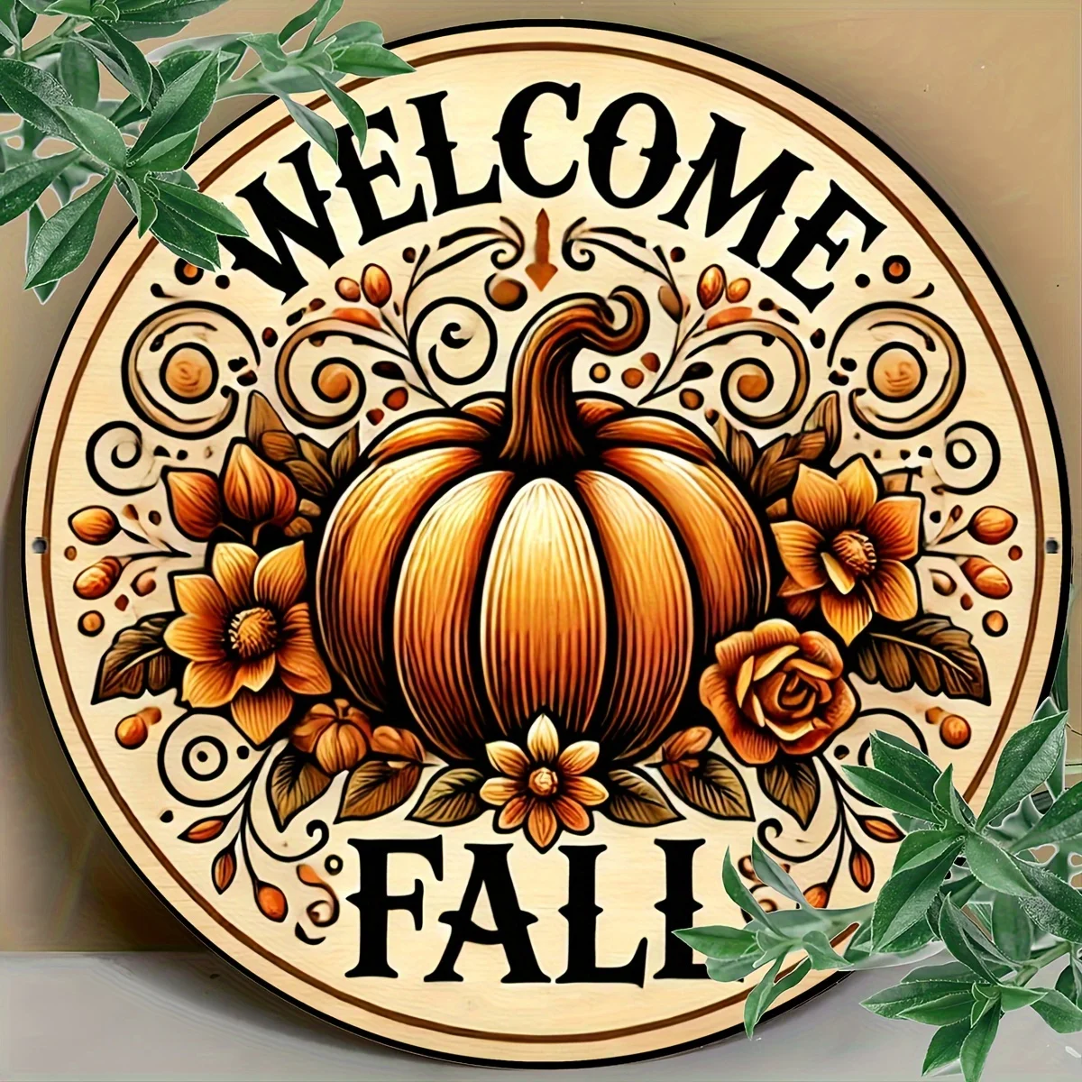 علامة ألومنيوم لإكليل اليقطين المستدير من Welcome Fall - ديكور موسمي مقاس 8 × 8 بوصة للمنزل والحديقة