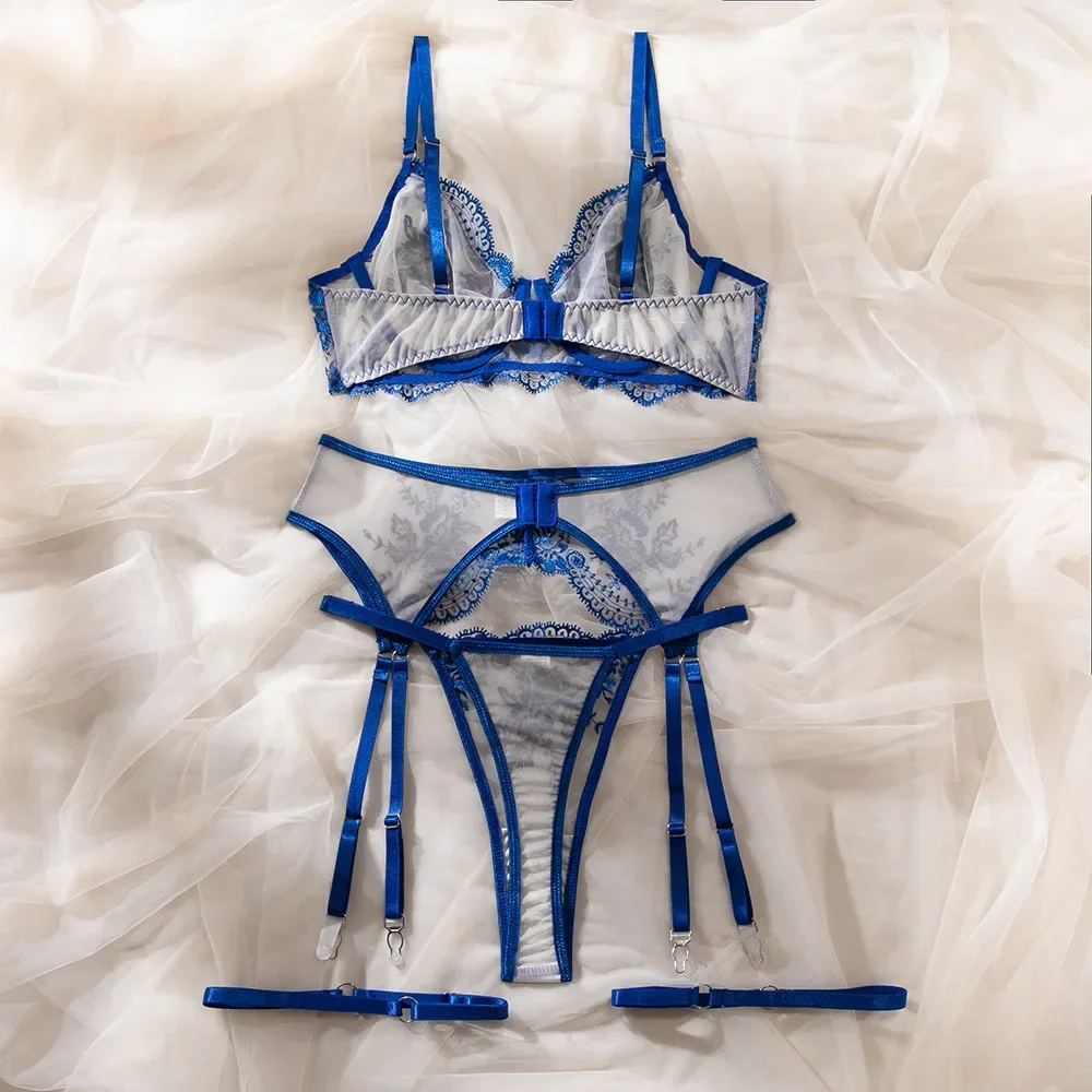 Women's Sexy Blue Embroidery Lace Bra Set with Soft Steel Ring Female Transparent Breast Gather Underwear Ensemble Femme 2 Pièce