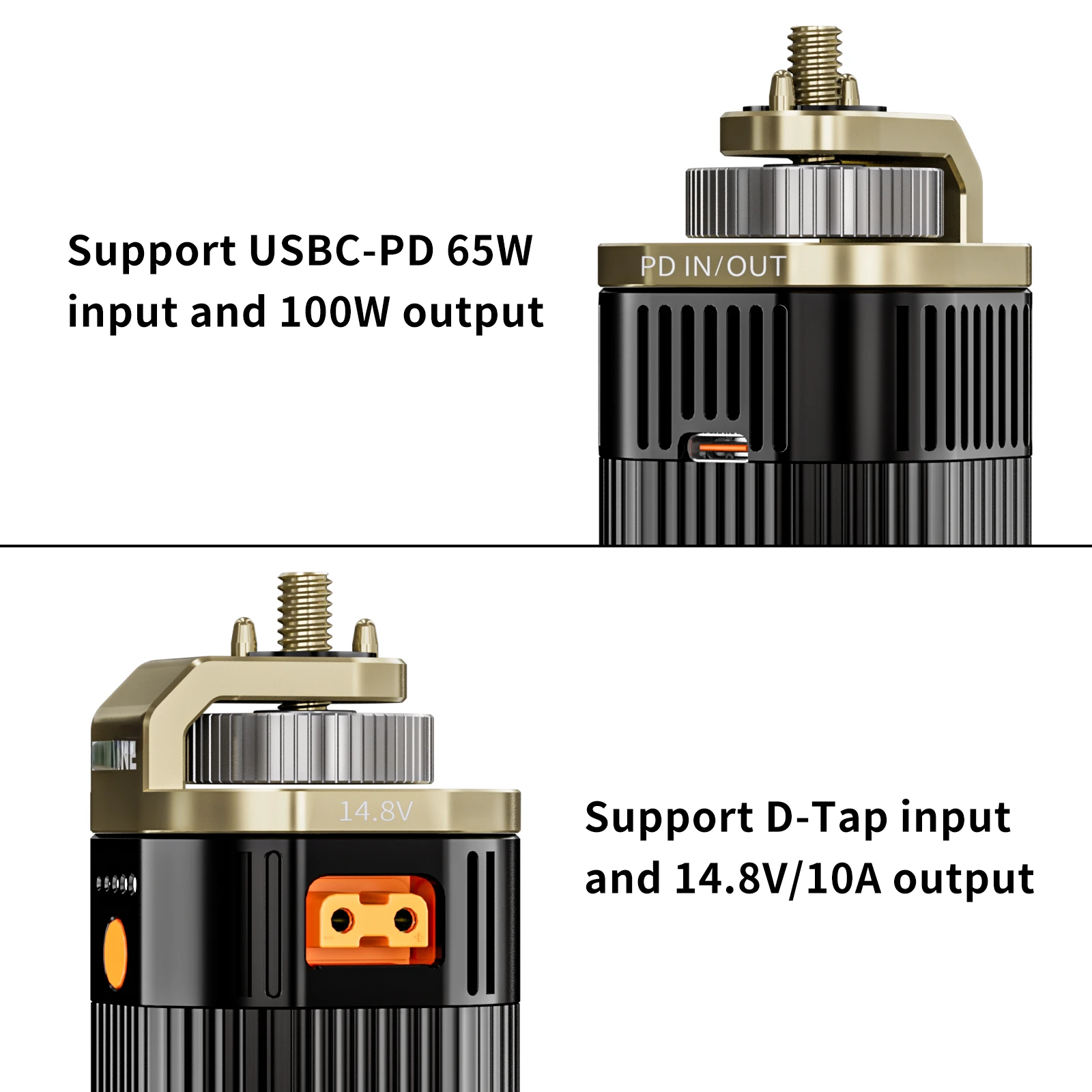 New design Battery Grip with 100W PD Input/Output and Support D-Tap 14.8V Output comes with 3 D-tap and 2USC PD ports