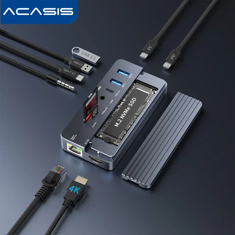 

ACASIS 10-in-1 Docking Station for M.2 NVMe SSDs: Features 4K@60Hz HDMI, 100W Power Delivery, Gigabit Ethernet for Mac Windows