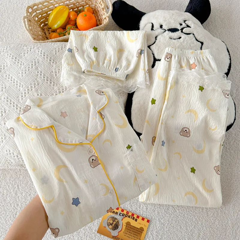 

Женская домашняя одежда с короткими рукавами и лацканами с милым мультяшным медведем, женские летние тонкие пижамы, комплект из трех предметов, удобная одежда для сна для отдыха