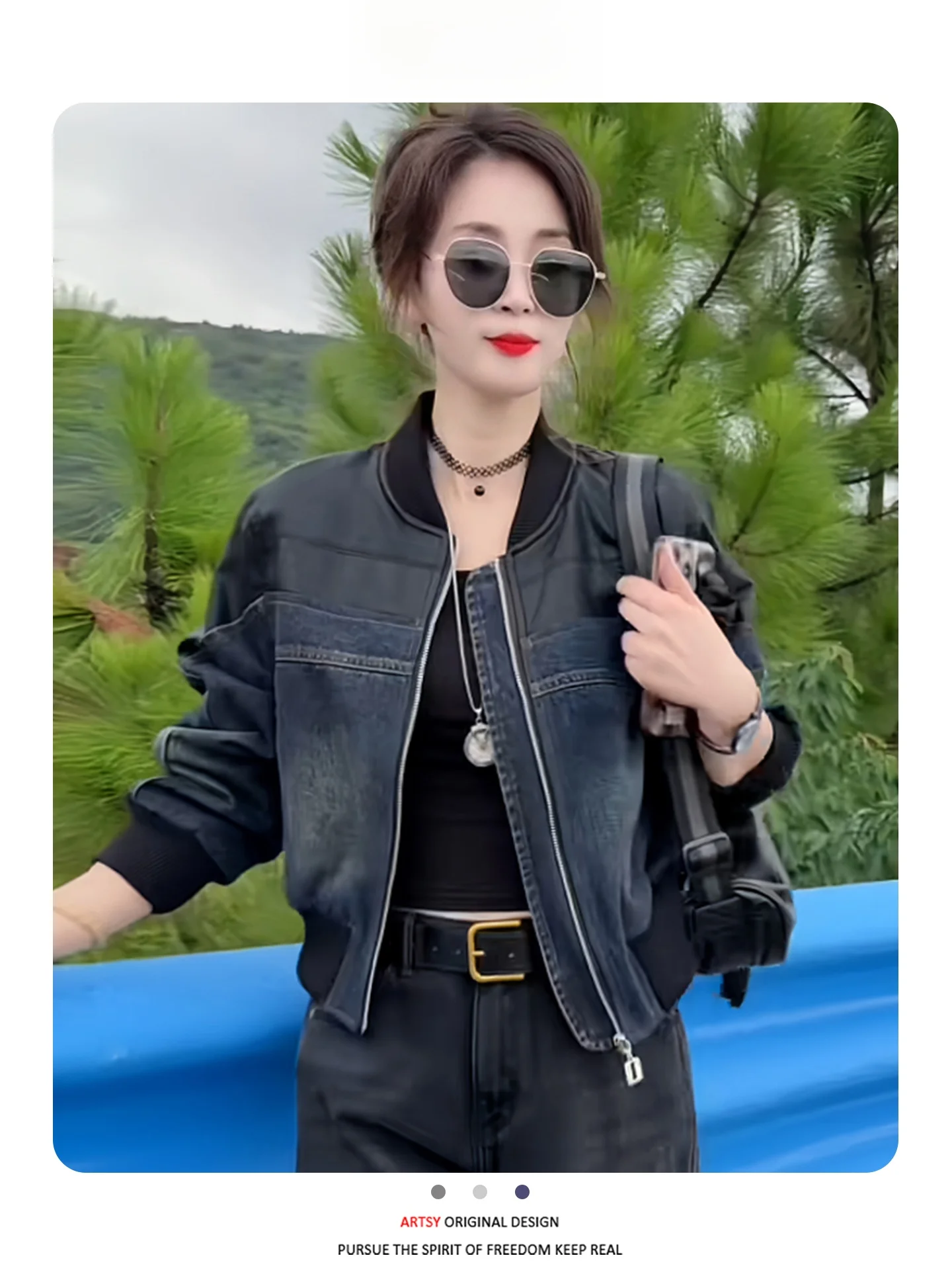 

Модная джинсовая куртка для женщин, утягивающая фигуру, уличная одежда, осенняя новинка, большие размеры, кожаная куртка, повседневная, для работы...