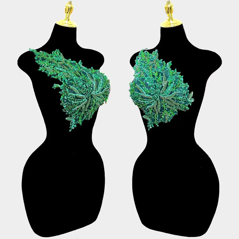 

Handmade Beaded Crystal Patches Bodice Lace DIY Applique Trim Patches for Dress Clothes (M6-deepgreen)