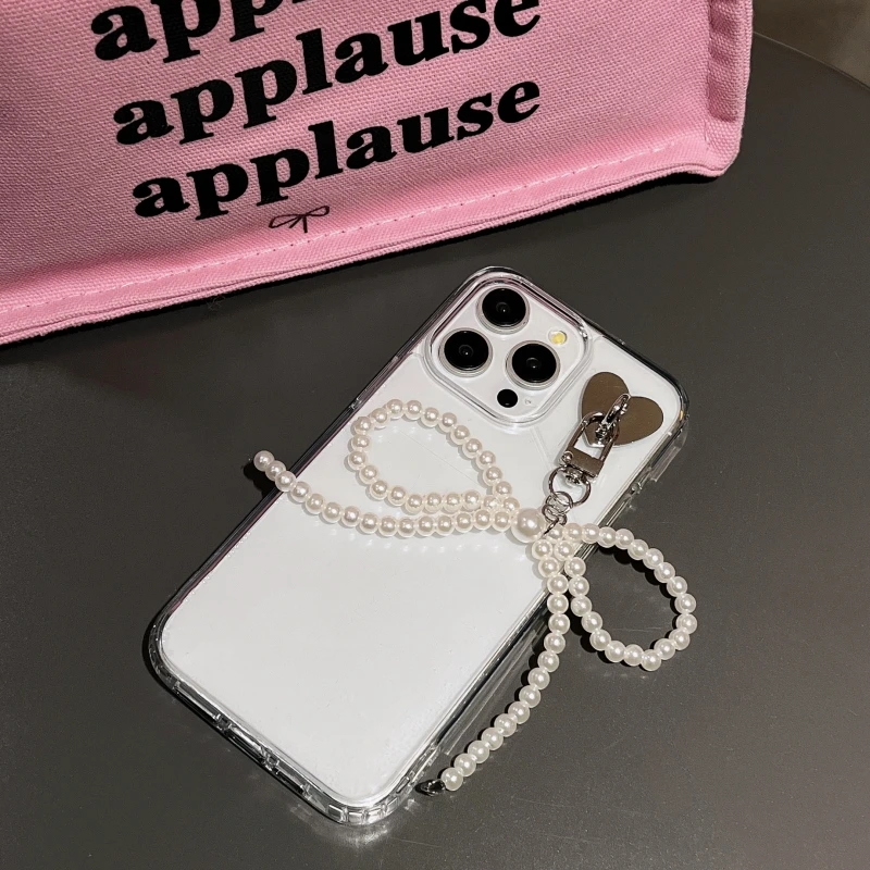 Transparent Acrylic Pearl Bow Pendant Phone Case For iPhone 11 15 12 14 13 Pro Max 15 14 Pro Shockproof Protective Hard Cover