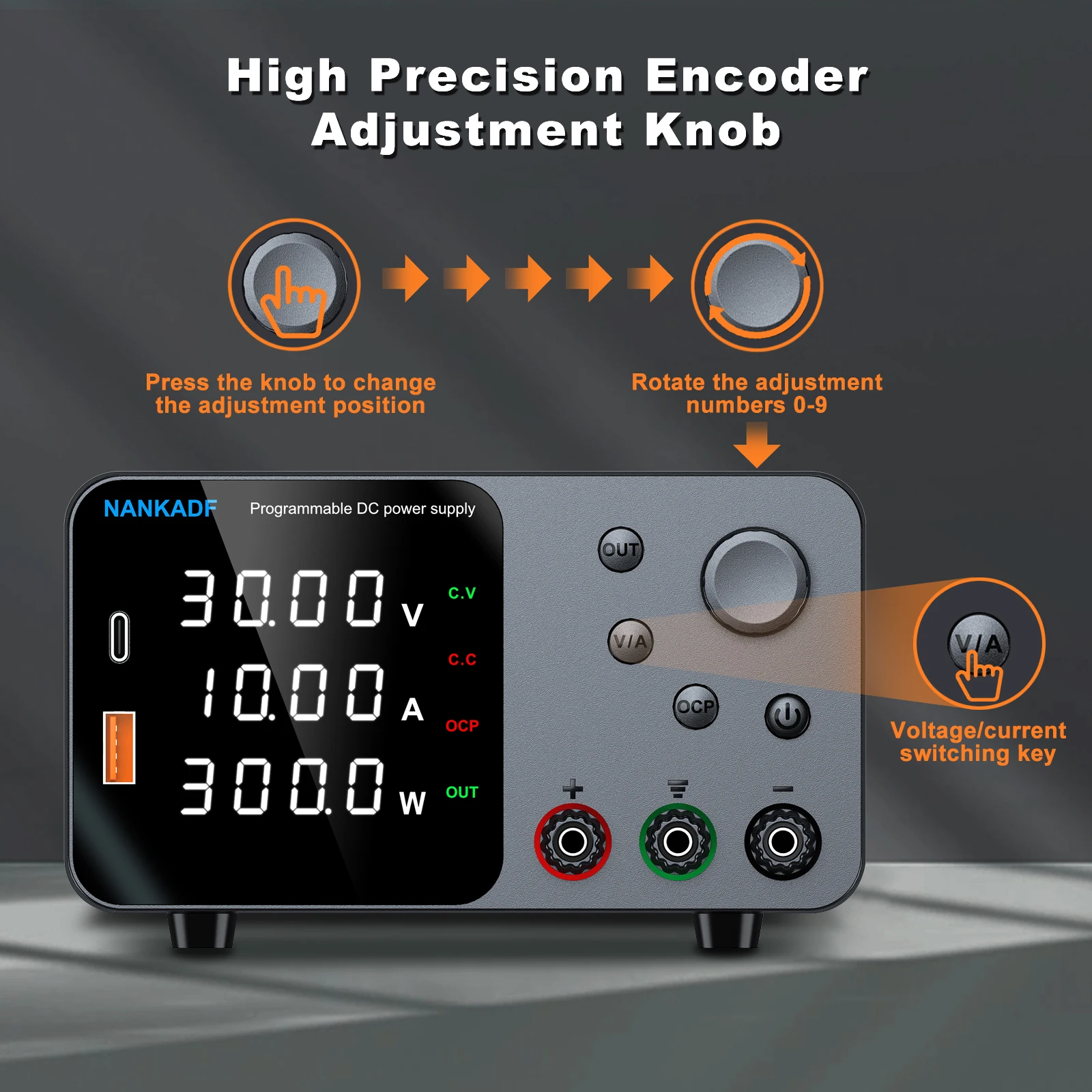 30V 10A Lab Adjustable DC Power Supply with 4-Digit LED Display; USB-A/Type-C 5V/3.6A Fast Charge with Encoder Adjustment