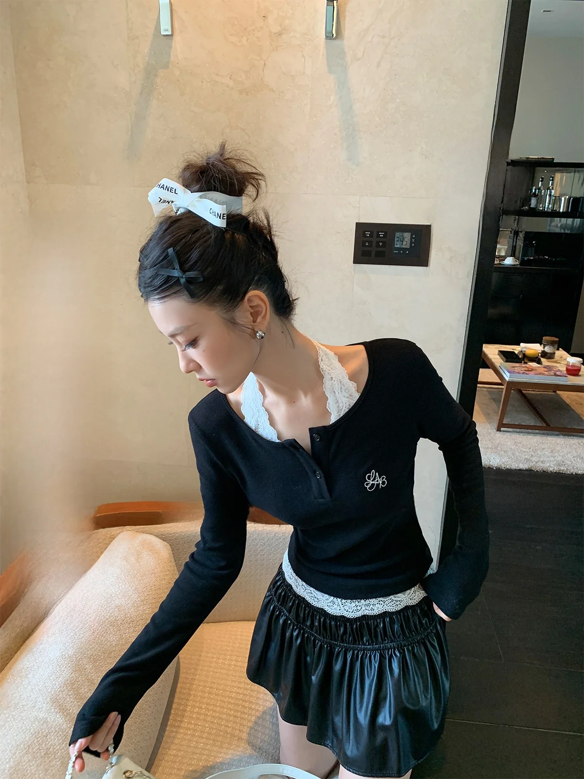 

Faionable корейский кружевной жилет Ne, облегающая футболка, повседневный длинный све, круглый пуловер, топ для женщин