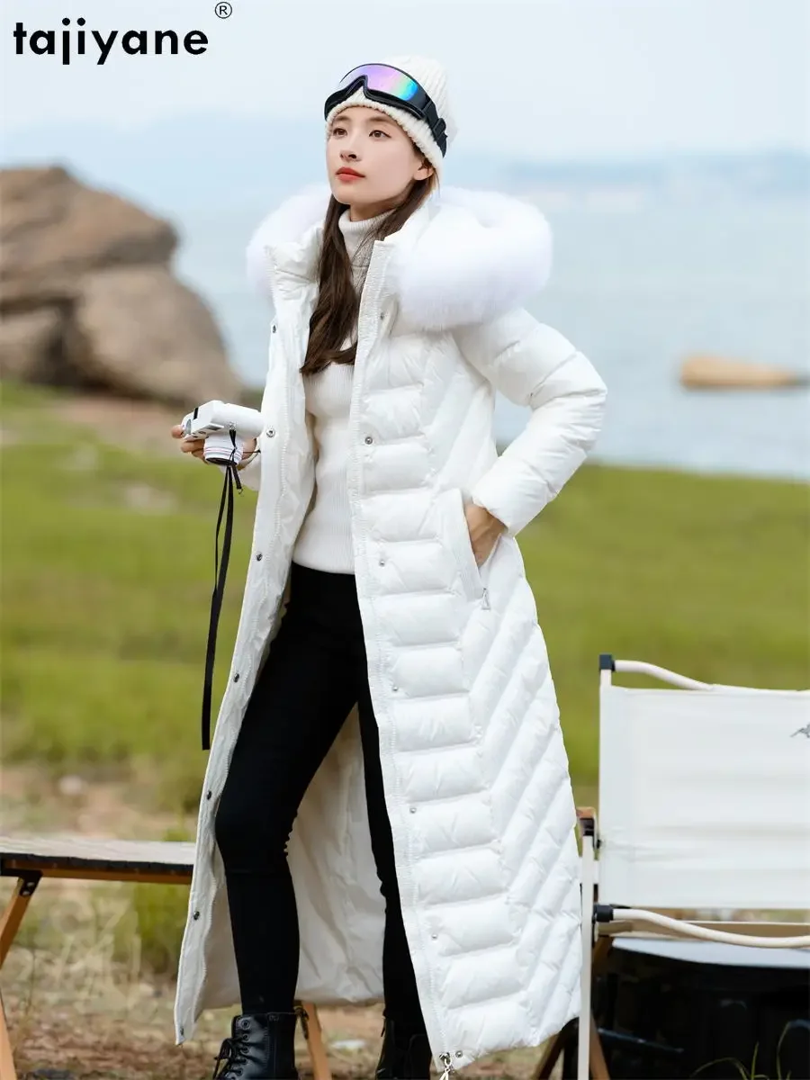 Tajiyane Warm 90% White Duck Down Jacket Women Winter Long Down Coats Fox Fur Collar Fashion Slim Glossy Parkas Jaqueta Feminina