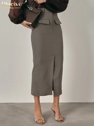 Clacive Fashion Slim Khaki Women's Skirt 2025 Bodycon High Waist Midi Skirt Elegant Classic Solid Slit Skirt Female Clothing