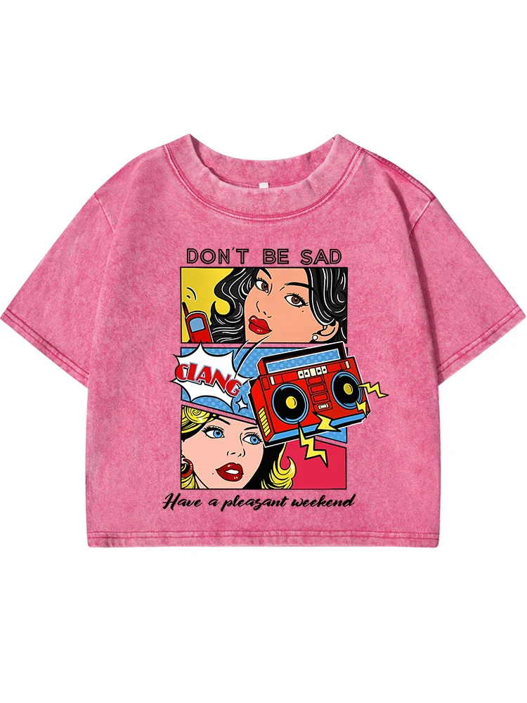 Cartoon Beauty Character Print Women Washed Short Clothing Breathable Summer T-Shirt Street Fashion Tops Harajuku O-Neck Tshirt