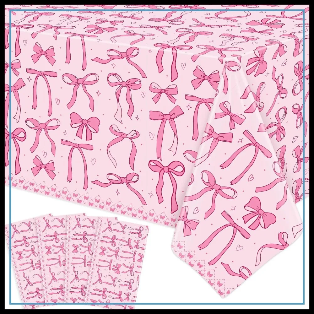 

4 Pcs Pink Bow Tablecloth Rectangle 51x86in for Birthday Wedding Shower Party