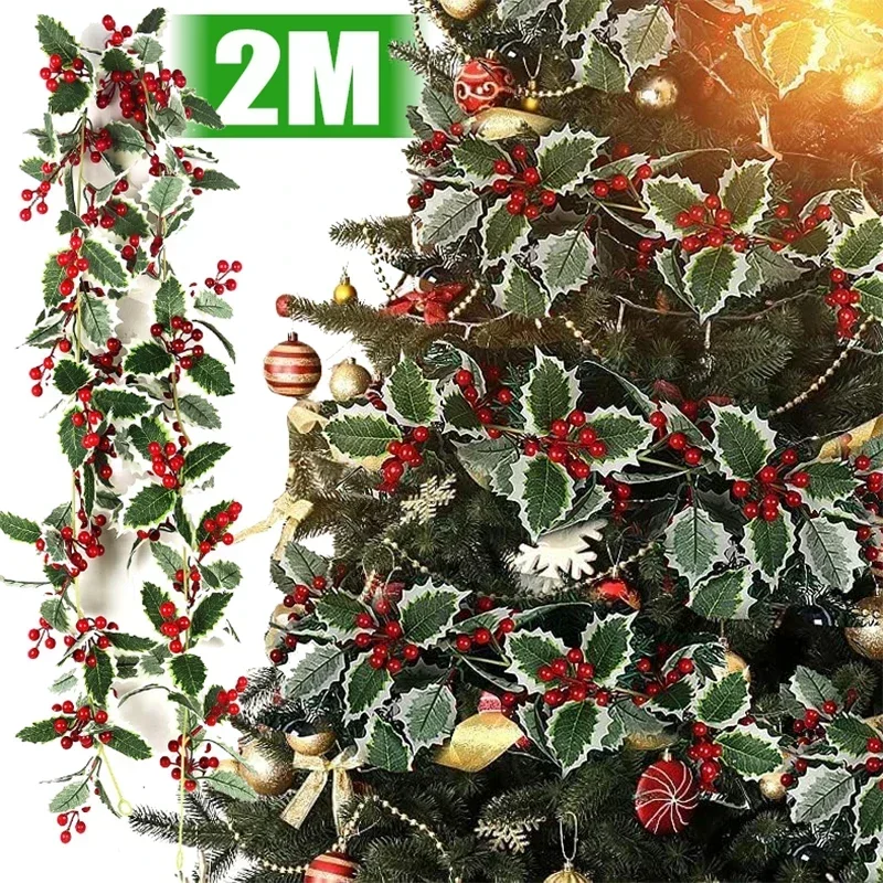 1/2PCS ใบ Red Berries Ratten 2M Christmas Tree Garland ตกแต่งประดิษฐ์ Holly Berry Ivy DIY พวงหรีดงานแต่งงานอุปกรณ์เสริม