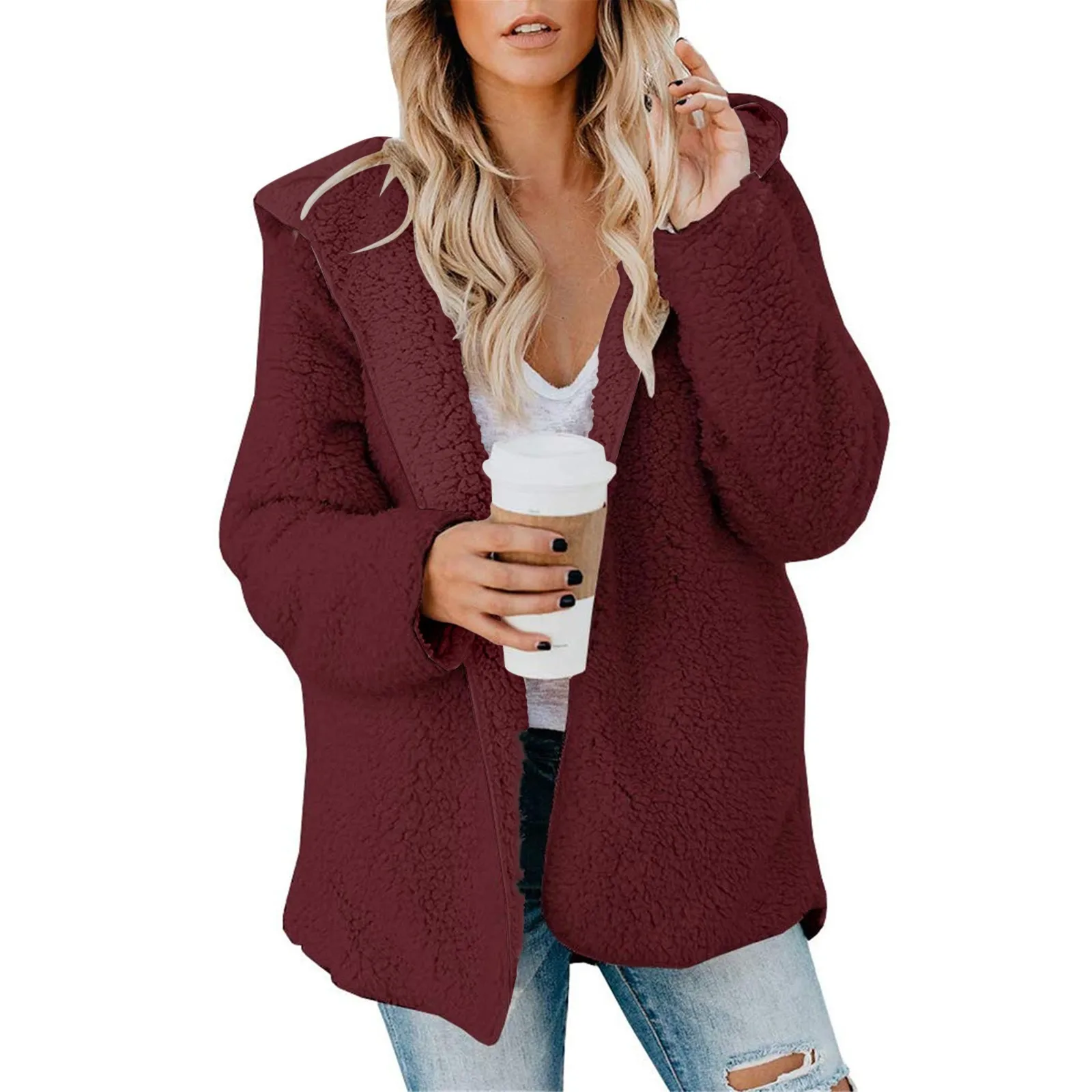 Womens Plush Jacket Oversized Fleece Jacket Coat With Pockets Open Front Hooded Fuzzy Cardigan Women's Coat Womens Coats Winter