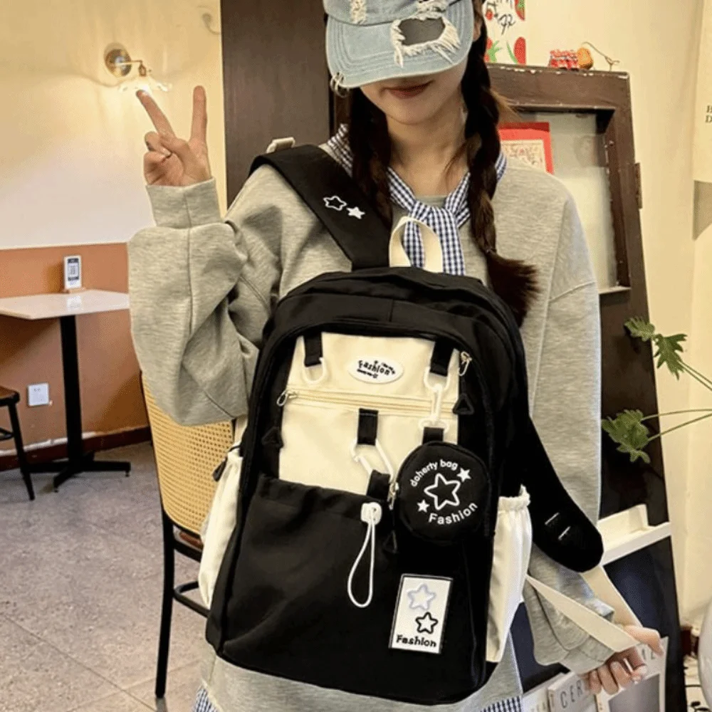 Sweet Star Women Backpack Cartoon Korean Style Nylon Shoulders Bag with Coin Purse Large Capacity Student Schoolbag