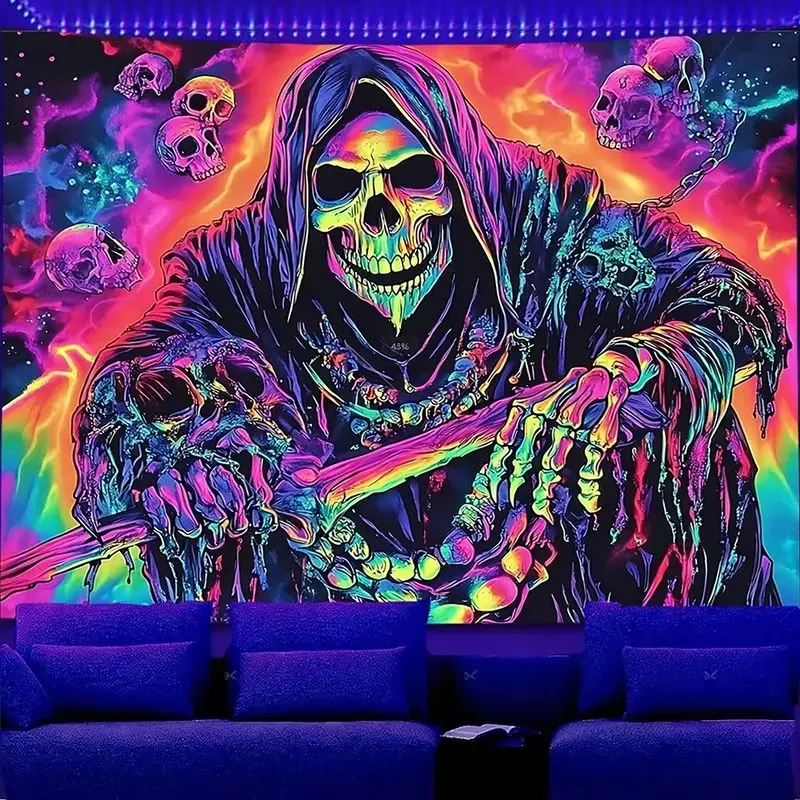 VIKAMA Blacklight Psychedelic Tapestry Trippy DJ Skull Music Print Wall Hanging UV Reactive Gaming Bedroom Background Cloth