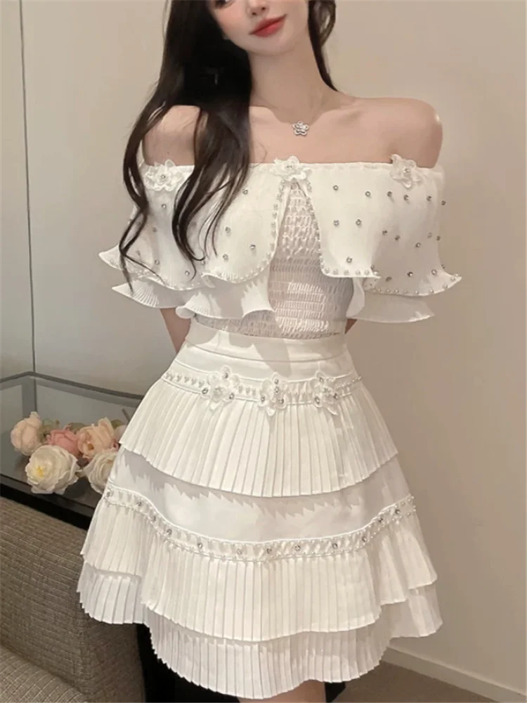 Celebrity Women White Princess Fashion 2pc Sets Sweet Beads 2 Piece Dress Suits Off Shoulder Ruffles Shirt&Mini Pleated Skirt