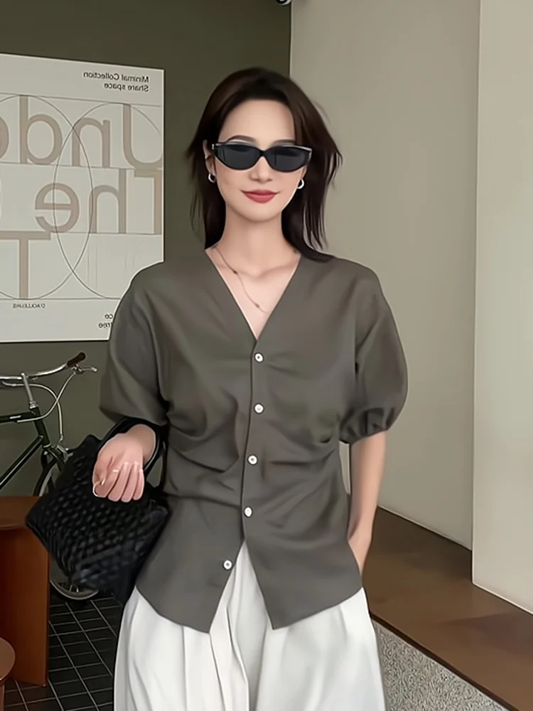 

Новая женская летняя свободная блузка-накидка в корейском стиле с V-образным вырезом для повседневной носки и офиса