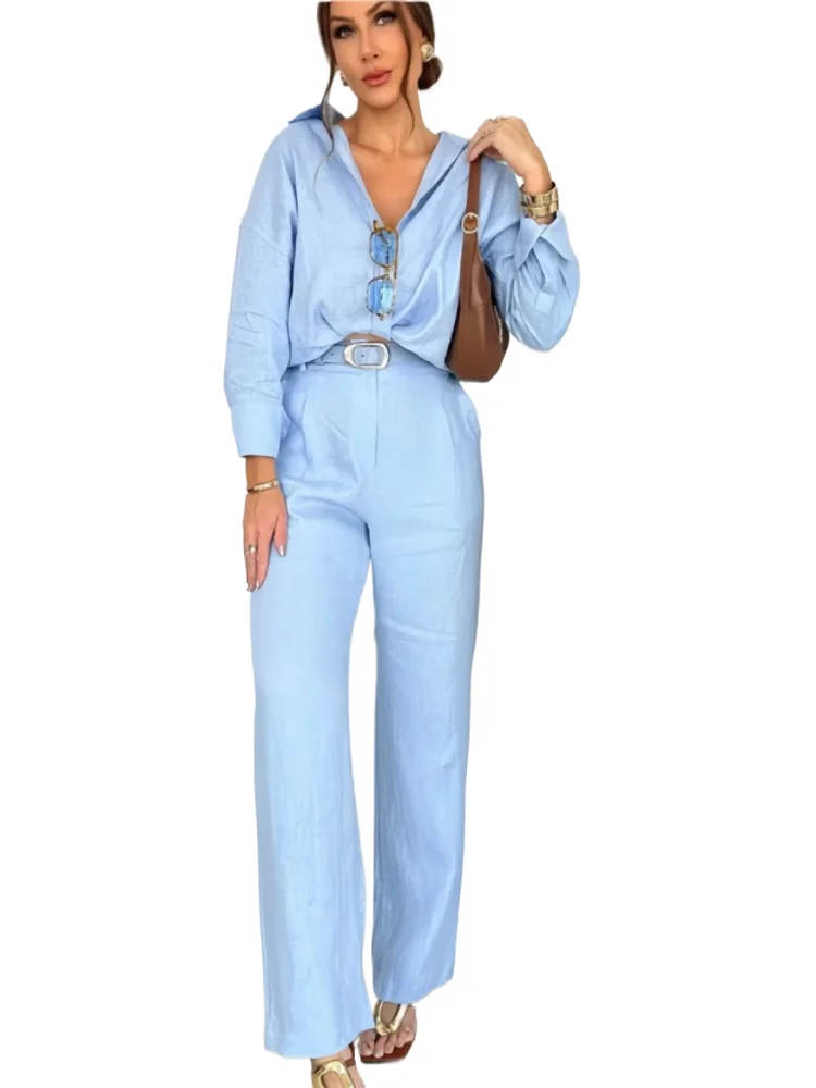 

Women's Two Piece Set New Solid Color Simple Loose Long Sleeve Shirts Belt Trousers 2 Piece Sets Casual Lady Commuting Clothing