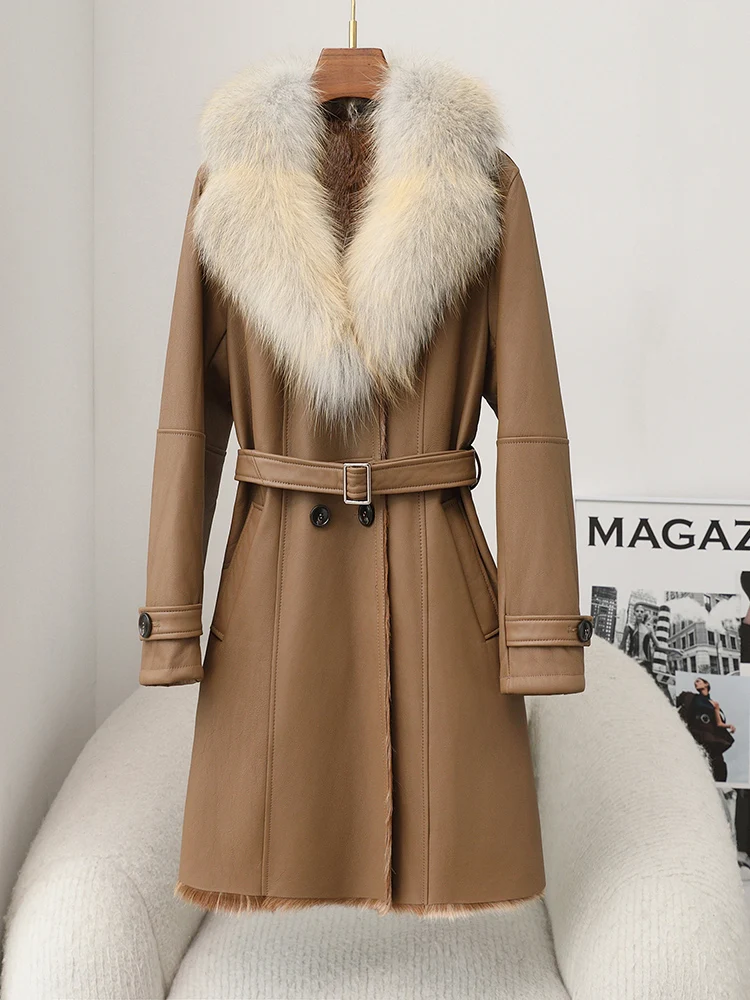 Original Ecology Fur Coat Women's Mid-Length Fox Fur Collar Haining Slim Slimming Lambskin Leather Fur Coat