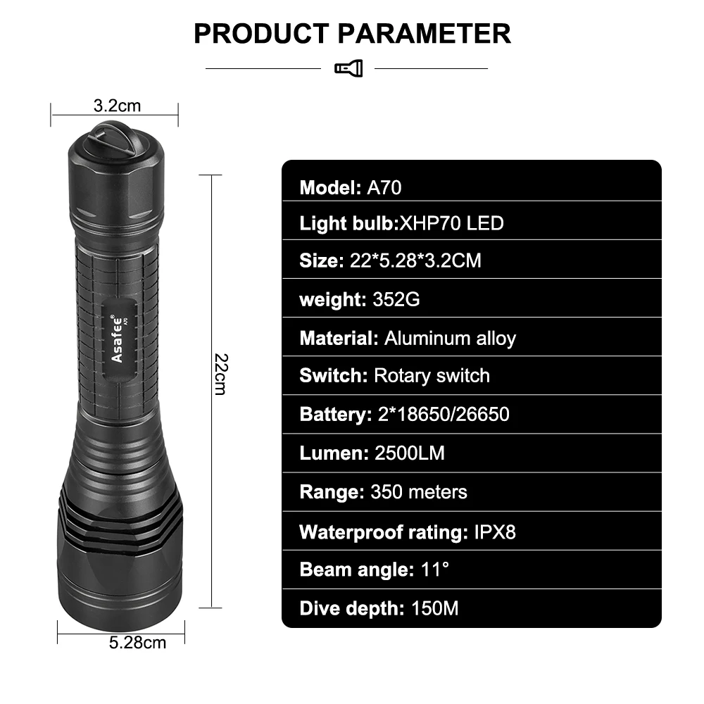 Asafee A70 P70.2 Powerful Diving Flashlight LED Underwater Lantern 2500LM Waterproof IPX8 Rechargeable Scuba Dive Lamp Torch