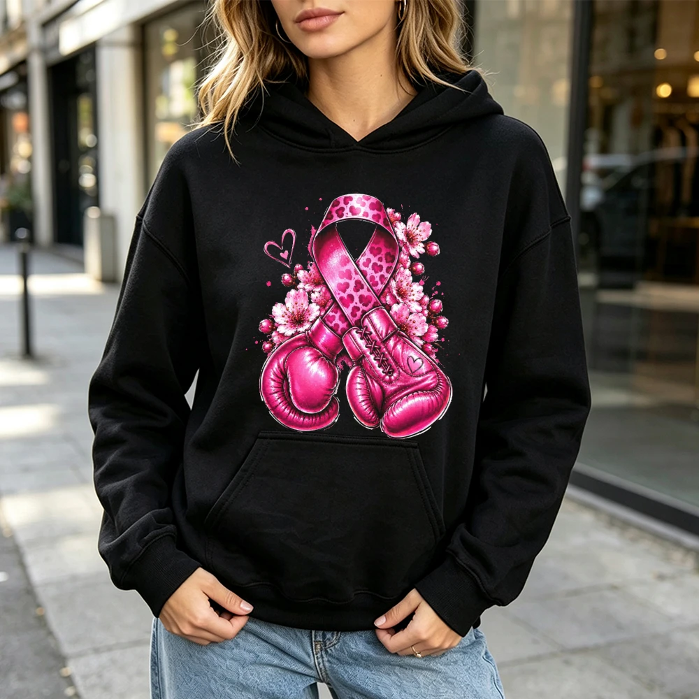 Pink Ribbon Boxing Gloves Hoodie Breast Cancer Awareness Sweatshirt Fighter Support Pullover Unisex Gift Winter Clothes Women