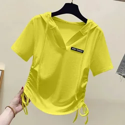 Fashionable Minimalist Summer T-Shirts Women's Solid Color Spliced Hooded Drawstring Epaulet Loose Casual Short Sleeve Tops