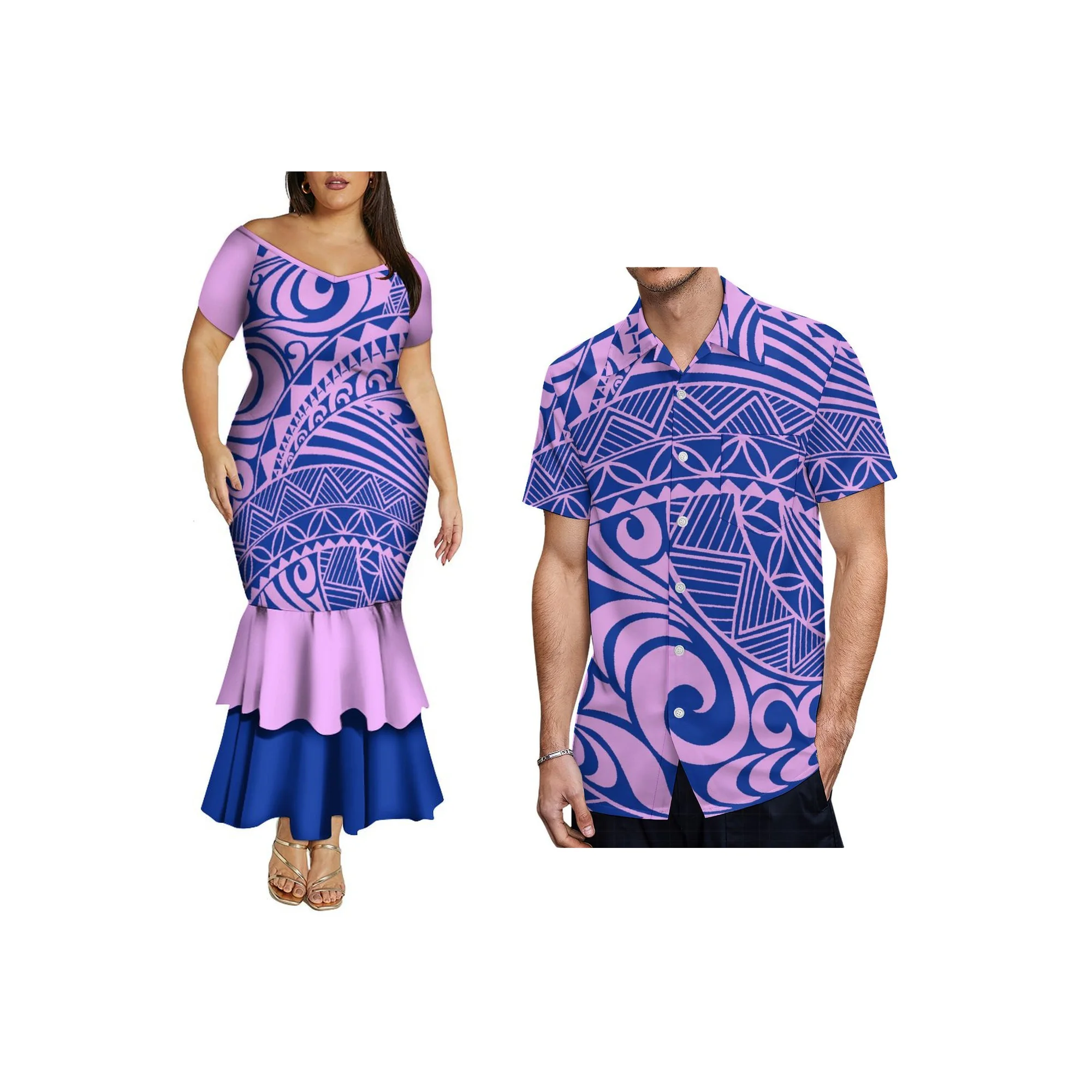 Preço de atacado personalizado plus size roupas de casal samoan puletasi vestido feminino o-pescoço vestido de baile combinando camisa de manga curta masculina