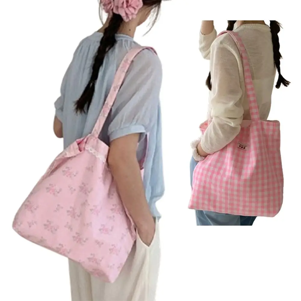 

Double-sided Pink Grid Crossbody Bag Flower Printing Cute Plaid Shoulder Bag Large Capacity Trendy Women Handbag Daily Use