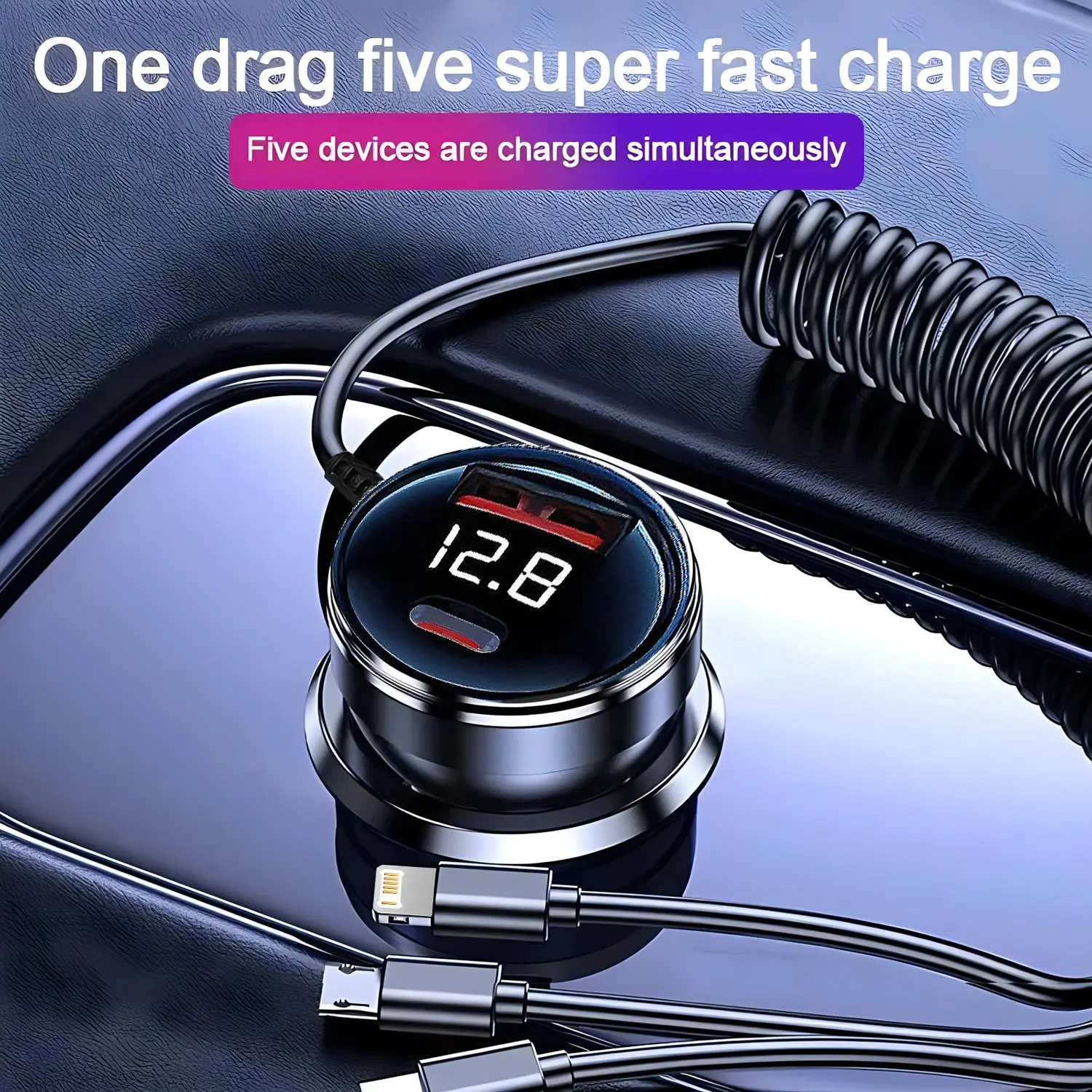 USB-адаптер автомобильного зарядного устройства для телефона с выдвижным кабелем, светодиодный монитор напряжения 4 в 1, сверхбыстрая зарядка для iPhone, Samsung, Huawei