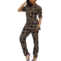 Colourful Print Set Clothing Short Sleeve Tops+Pants Tailored Women's Ankara Outfits African Party Wear