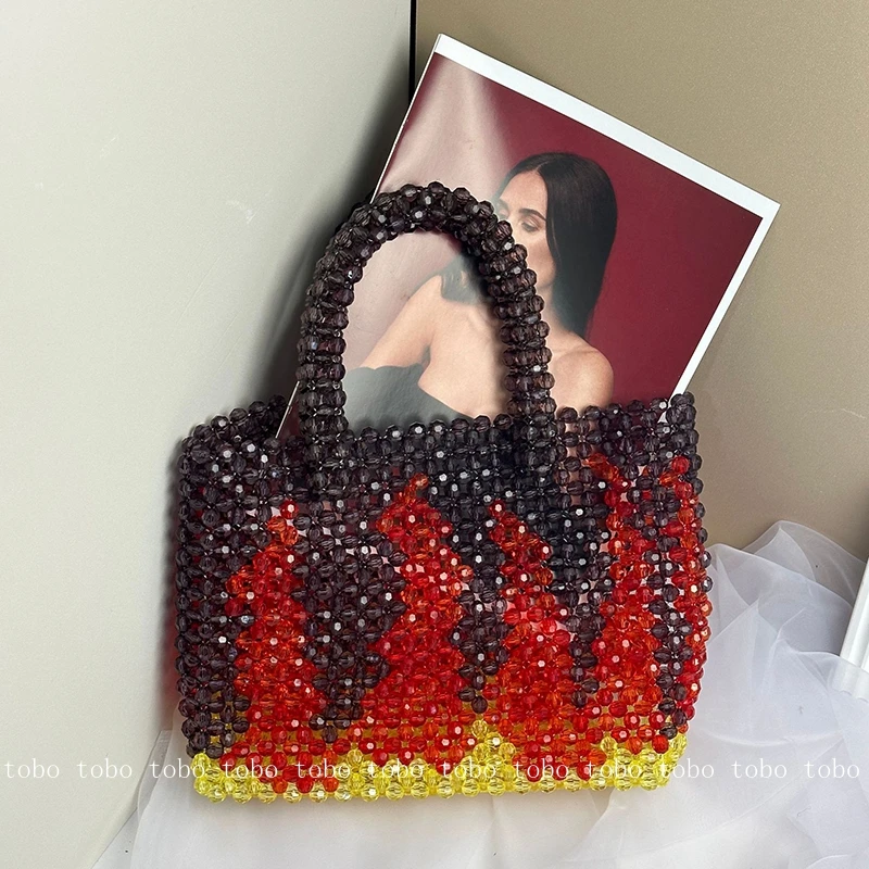 Summer Woven Clear Color Beads Bags for Women Color Blocking Transparent Beading Square Box Purses and Handbags Designer