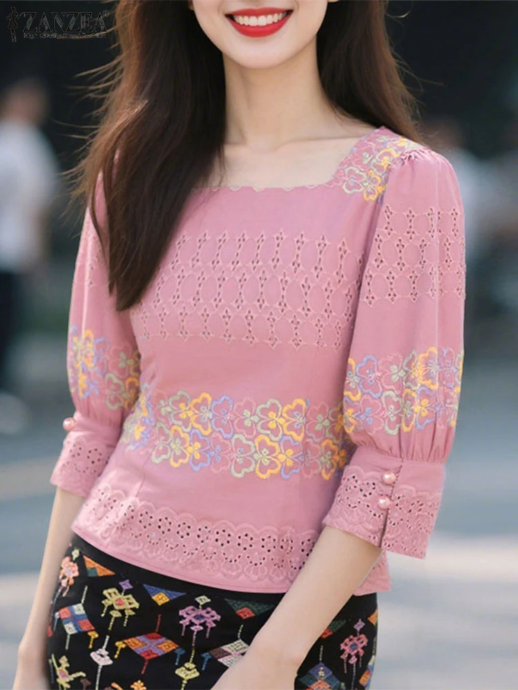 2025 ZANZEA Summer Printed Shirt Elegant Women Square Neck 3/4 Sleeve Blouses Bohemain Stylish Holiday Tops Casual Work Blusas