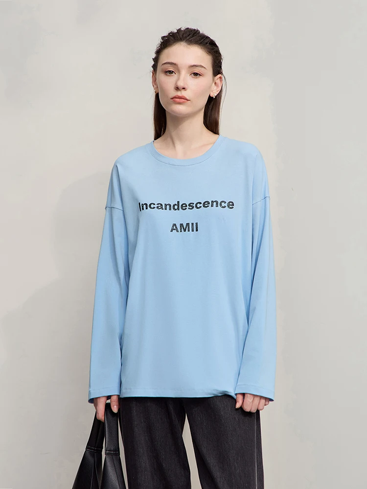 

AMII Women's T-shirt 2025 Autumn New Casual Versatile Medium And Long Top Women Cotton Letter Printing Loose Long Sleeve12543216