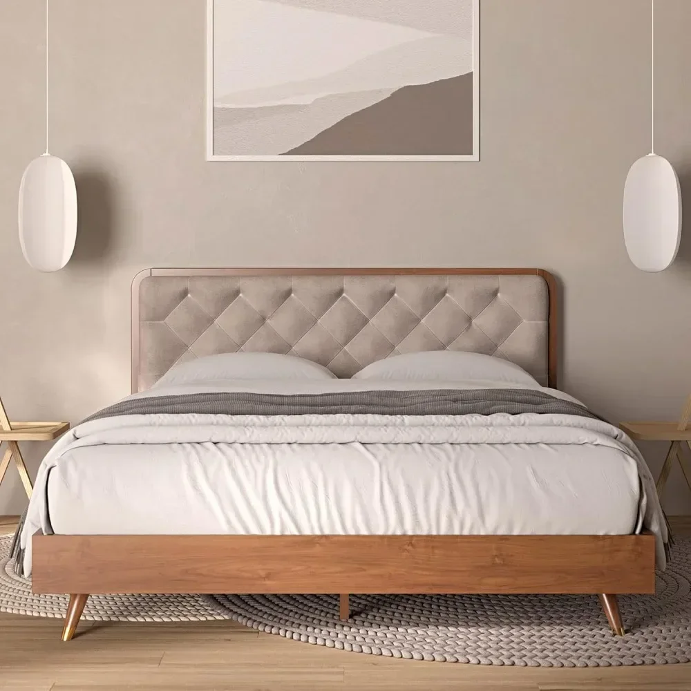 

Modern Solid Wood Queen Bed Frame,Faux Velvet Fabric Upholstered Platform Bed with Wooden Slats,No Box Spring Required