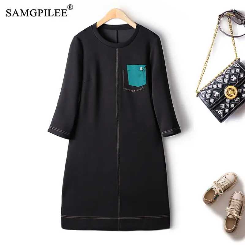 

Elegant Dresses For Women 2022 Autumn Winter New Patch Pockets Contrast Color Knitted Mid-length Round Neck Slim Dress Woman 4XL