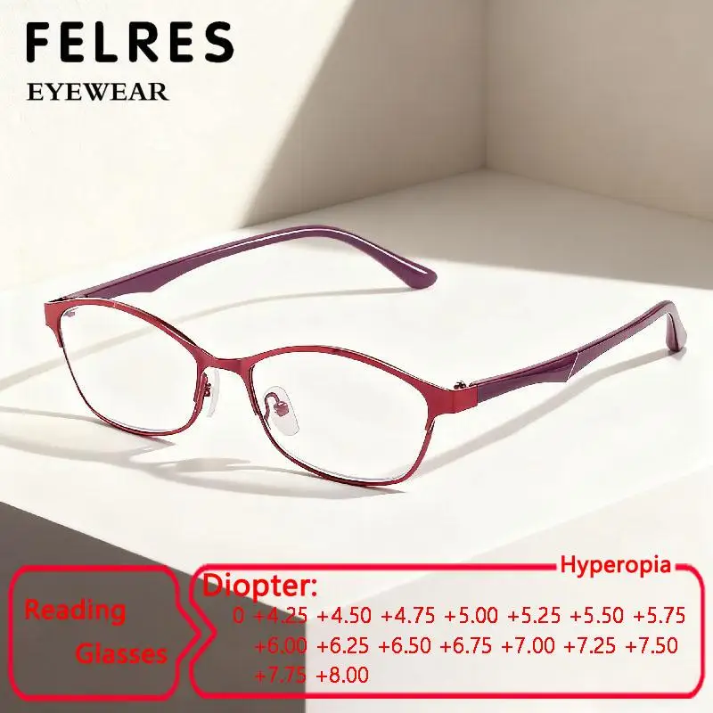 

FELRES New Anti Blue Light Reading Glasses Women Metal Frame Presbyopic Glasses Computer Eyewear Prescription glasses+4.25To+8.0