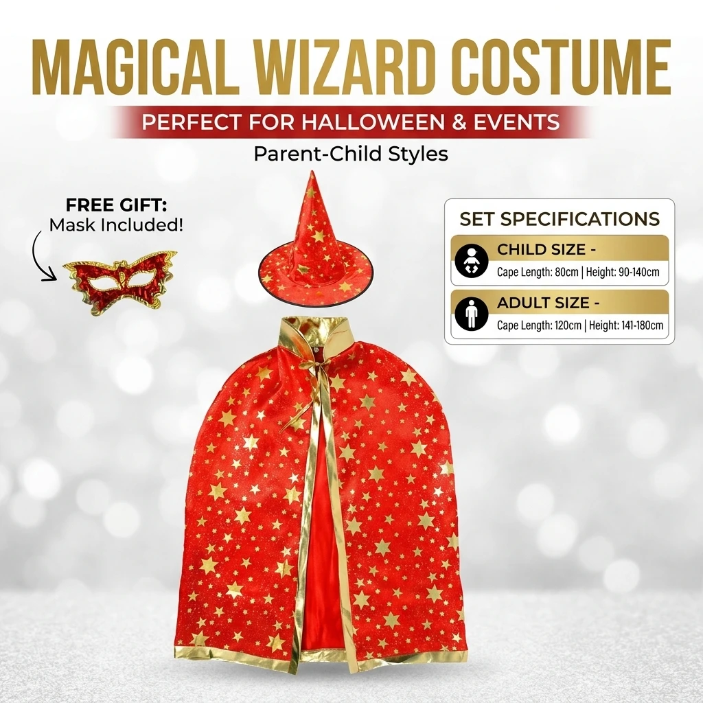 Halloween Wizard Cloak with Hat and Mask Set for Kids and Adults, Red Star Witch Cape Cosplay Costume for Performance Party, Parent-Child Outfits, 80cm and 120cm Length for Heights 90-180cm