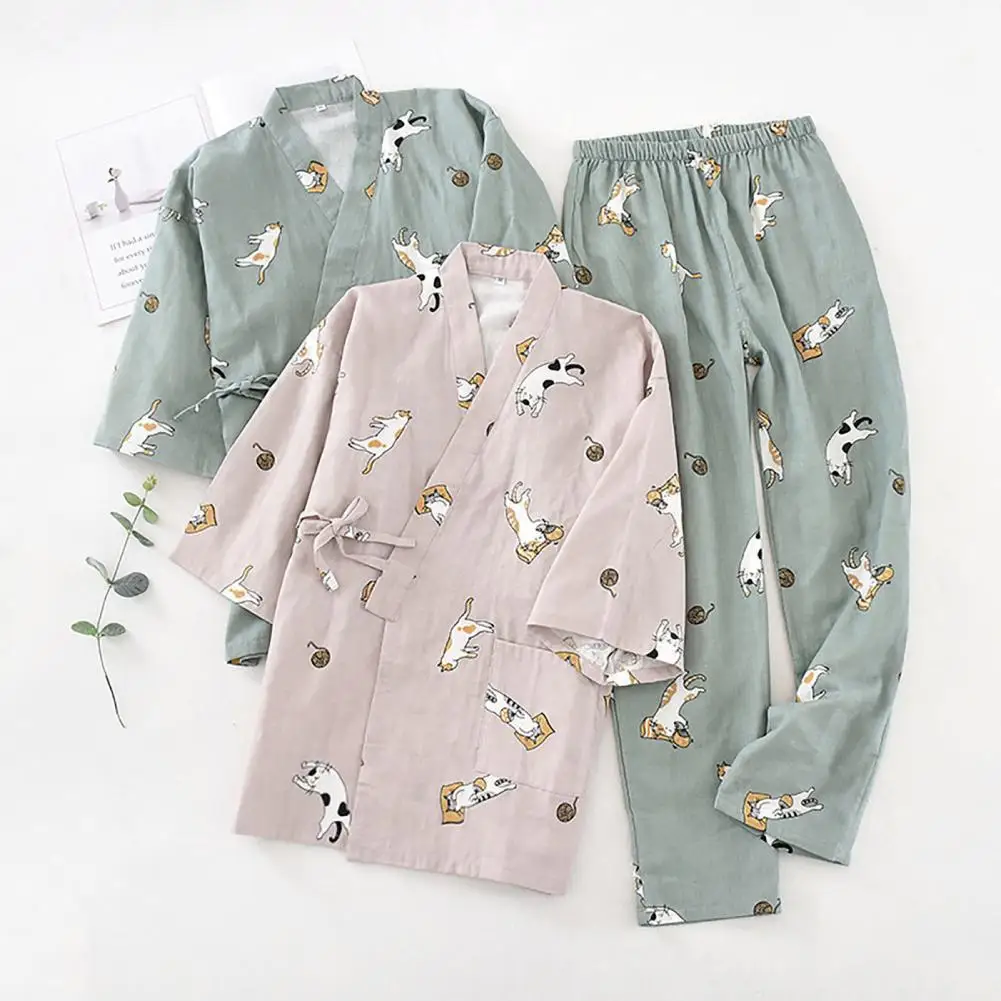 2Pcs Japanese-style Kimono Pajamas Set Cotton Blend Straight Wide Leg Cat Print Tops Long Pants Set Sleeping Home Clothes