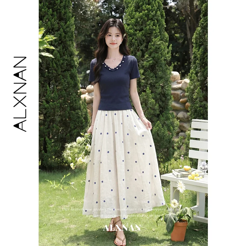 ALXNAN Blue Women's T-shirt 2026 Summer Short Sleeve V-neck Wavy Edge Floral Decorations Tees Ladies Clothing Slim-fit L67380A