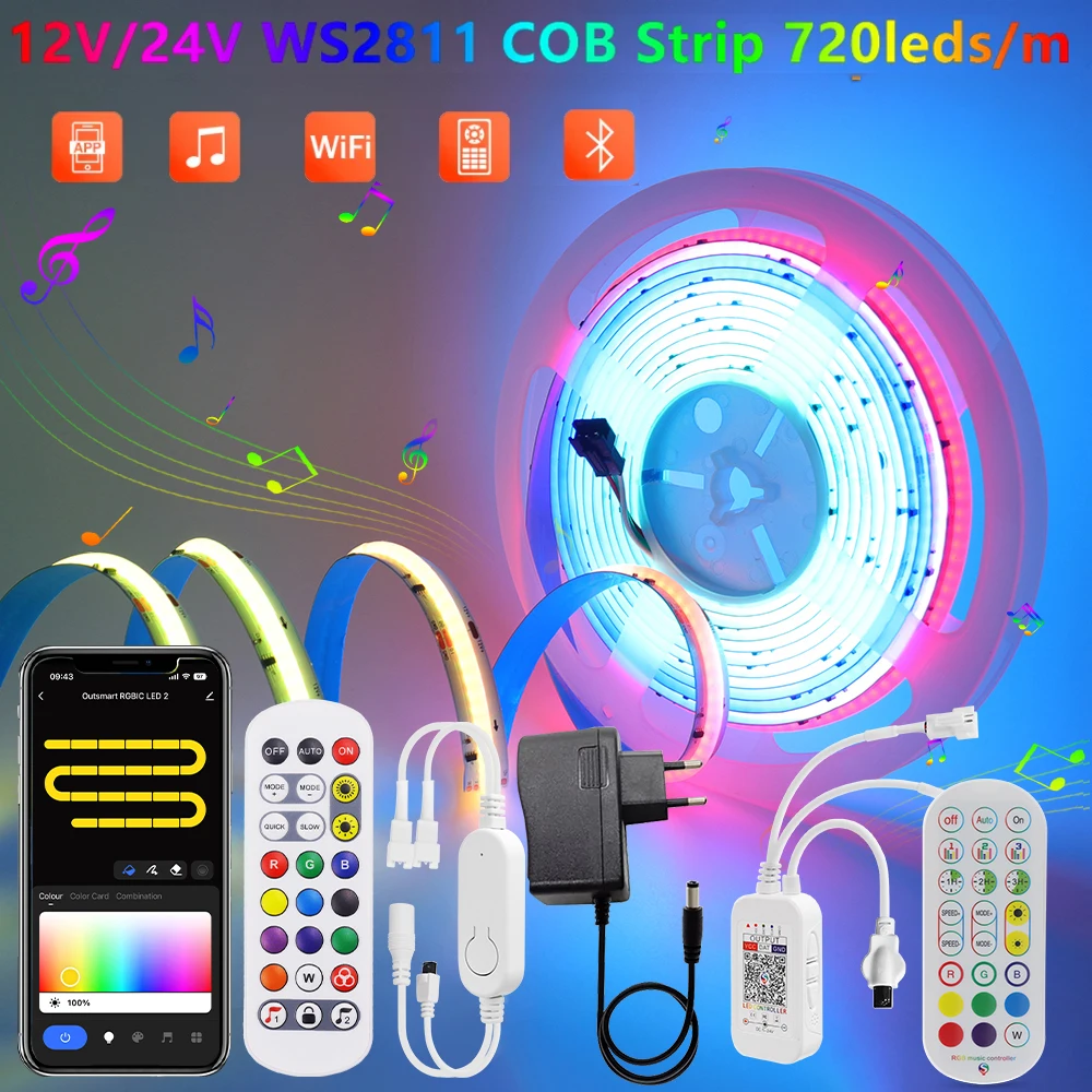 RGBIC COB LED Strip 12V 24V 720Leds/m Dream Color WS2811 LED Tape Tuya WiFi Bluetooth APP Remote Control LED Lights for Room