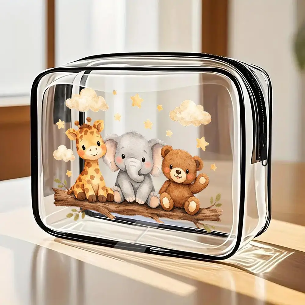 

Cosmetic Bag Cute Giraffe Elephant Teddy Bear Clear PVC Zipper Makeup Bag, Watercolor Kawaii Style with Cloud & Star Accents, Po