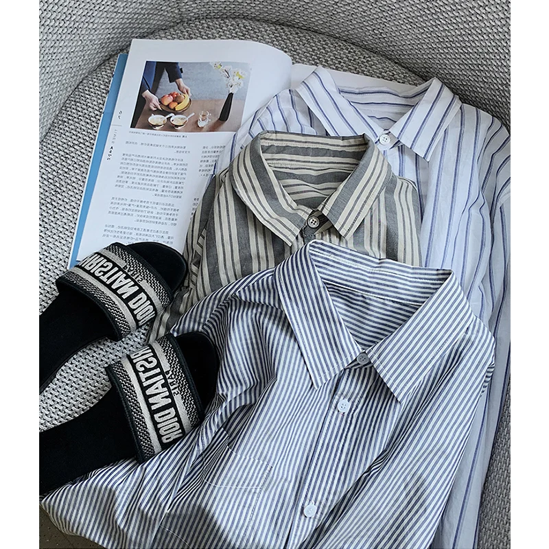 

Women's Loose Striped Shirt Long Sleeve Turn-down Collar Spring Autumn Handbag Store Korean Style Straight Cut Button Detail
