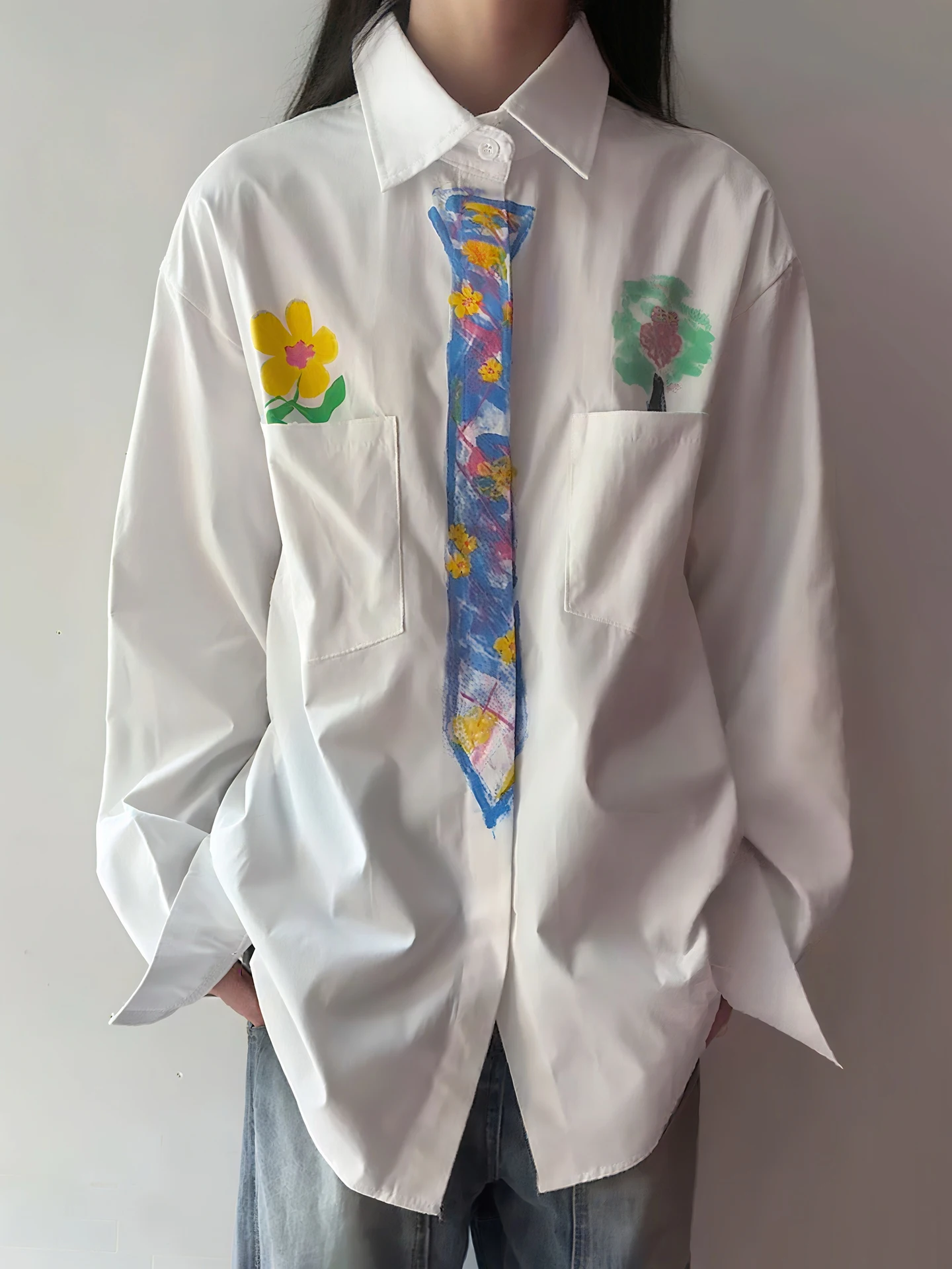 

American Sle Hand-Painted fiti Long Sve irt for Men Autumn Faion College Sle Couple Outerwear Breathable Polye...