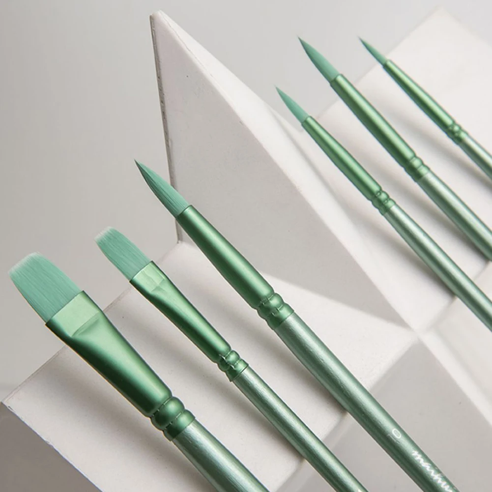 6 ชิ้นแปรงทาสีสีน้ํา Pointed Tip แปรงทาสีชุดยาวรอบแบนหัวแปรงสีน้ําสําหรับอะคริลิค Gouache น้ํามัน