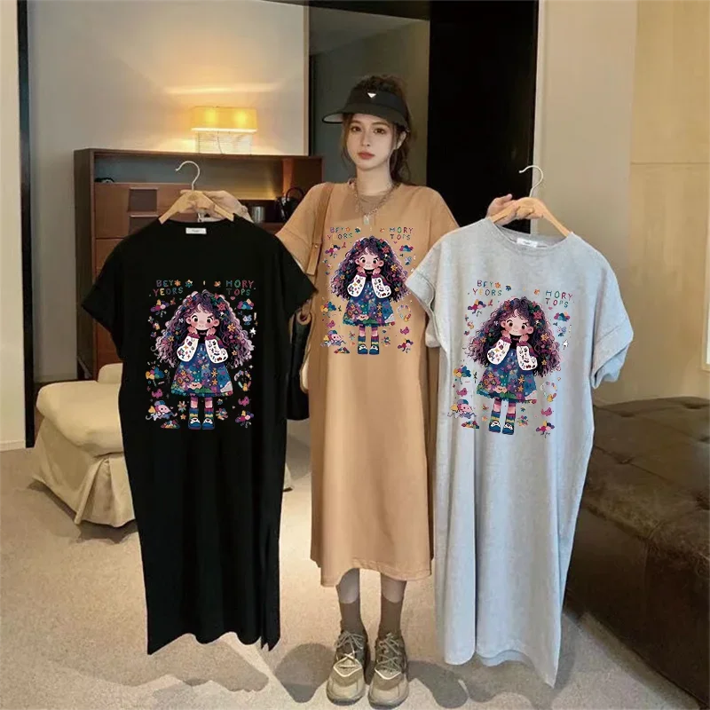 Summer Loose Trend Cartoon Cute Girl Printing Korean Ladies Large Size Fashionable Simple Casual Round Neck Stitch Dress