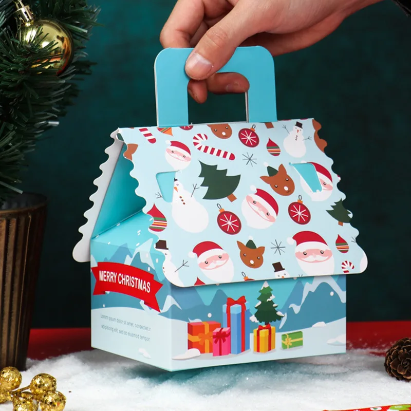 50pcs Merry Christmas Portabl Candy Packaging Bags House Shaped Gift Boxes Carton Santa Snowman Elk Christmas Tree Box for Gifts