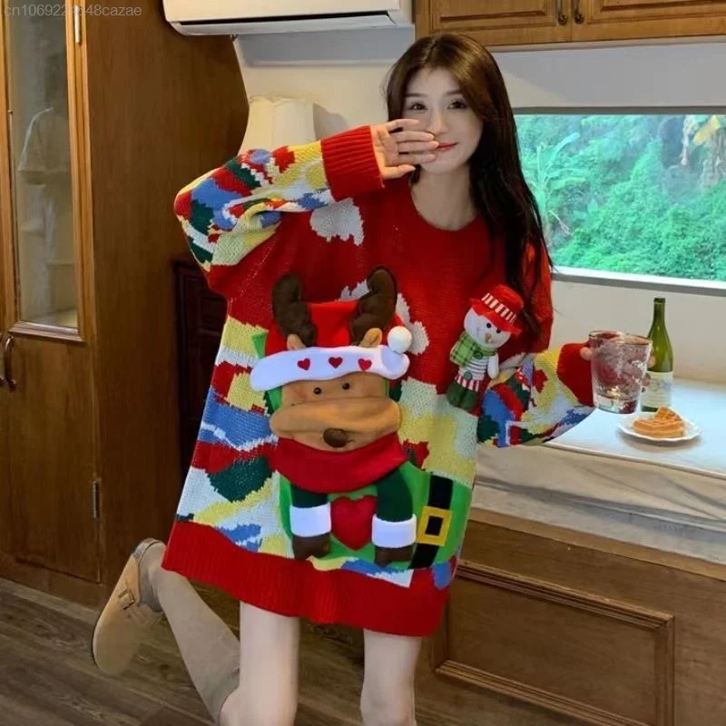 Christmas Theme Elk Sweater Women Loose Outerwear Thickened Autumn Winter Knit Top Shirts Female Removable Doll Luxury Pullover